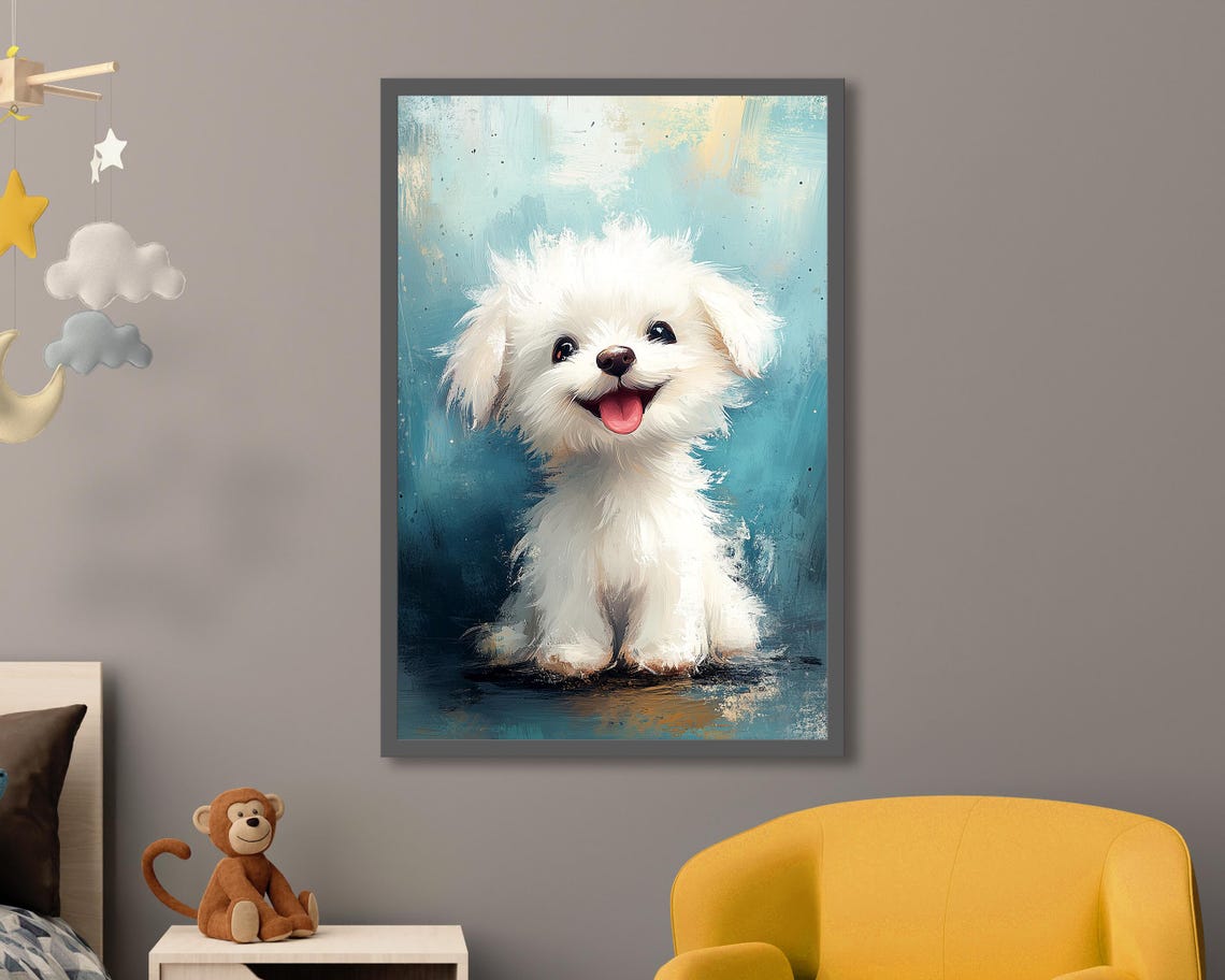 Adorable White Puppy Art Print Cute Dog Illustration Whimsical Animal Wall Art For Kids Room Or Living Room Gift For Dog Lovers