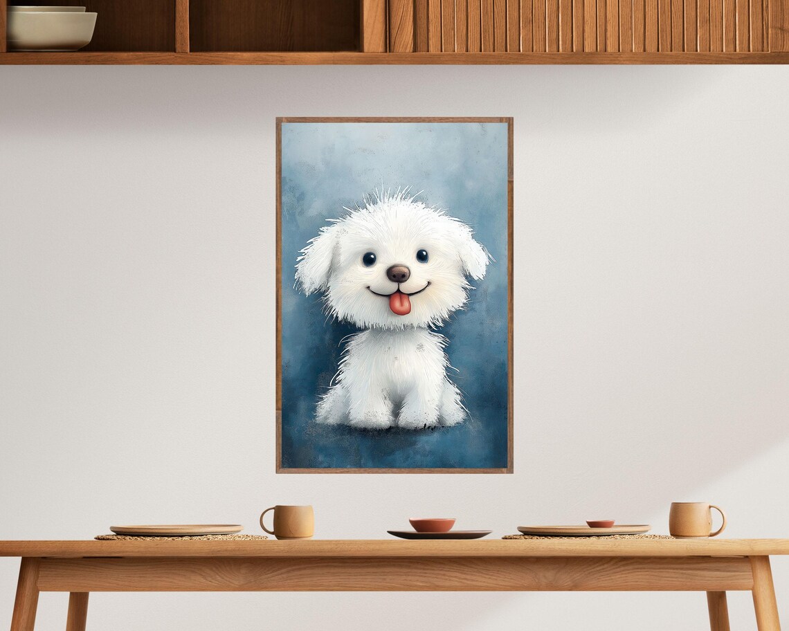 Happy White Fluffy Puppy Tongue Out Cute Cartoon Dog Art Poster - Image 4