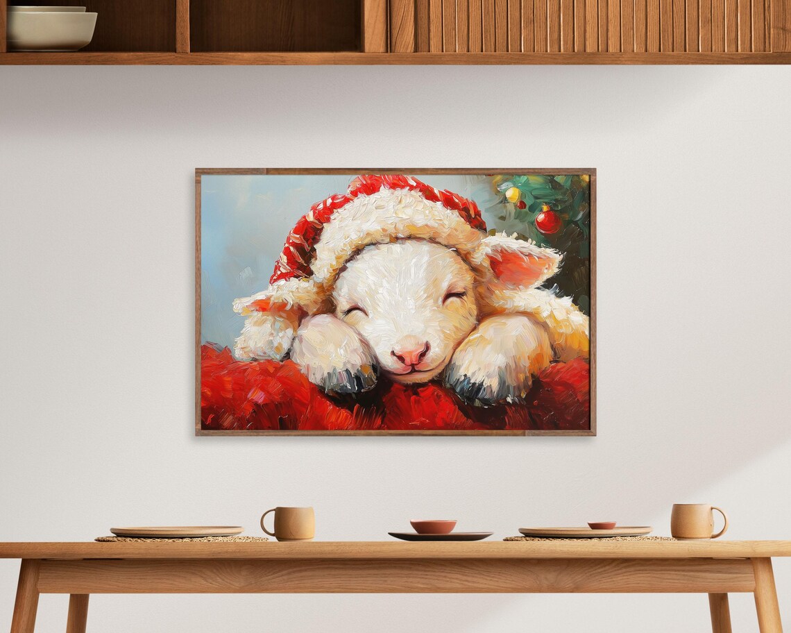 Sleeping Lamb In Santa Hat Cozy Christmas Oil Painting Art Poster - Image 3