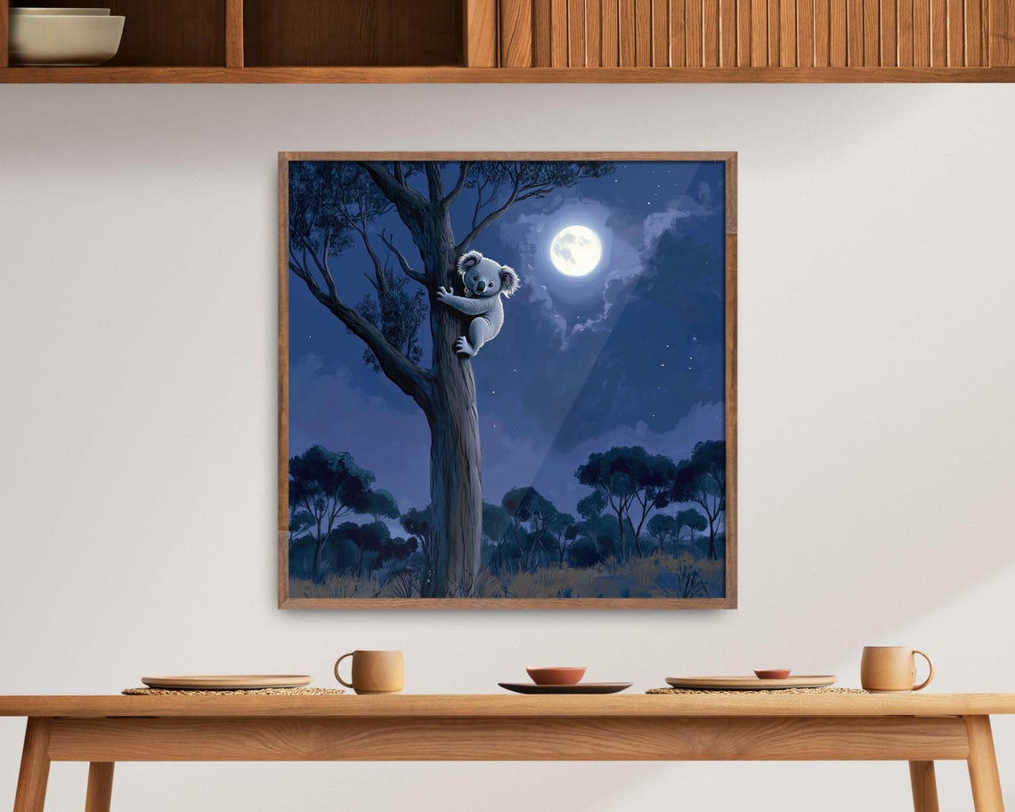Koala Hugging Tree Under Full Moon Starry Night Blue Nursery Poster - Image 5
