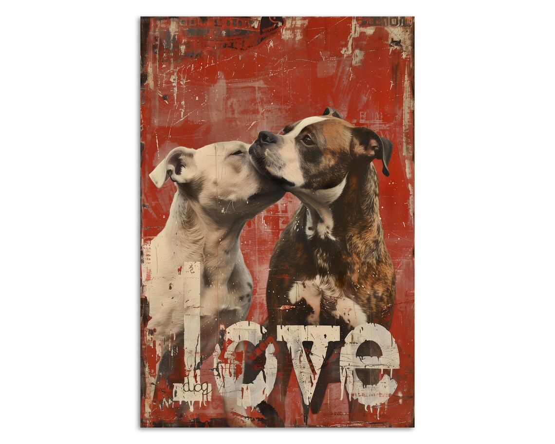 Two Sweet Boxers In Love Retro Red Grunge Dog Wall Art Print - Image 3