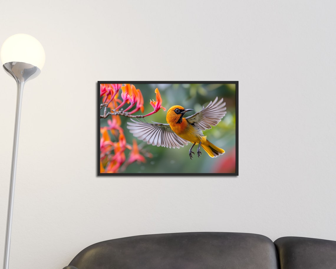 Oriole Hovering Near Red Trumpet Flowers Tropical Bird Art Poster - Image 2