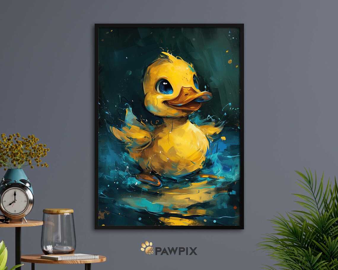 Playful Yellow Duckling Splashing Water Teal Nursery Wall Art