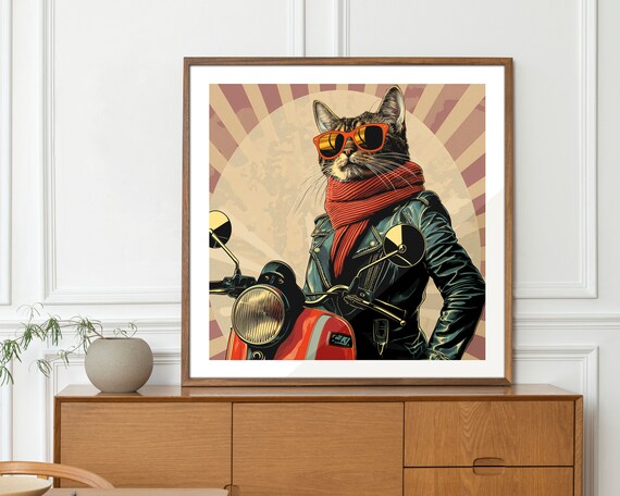 Cool Cat On Red Scooter Sunglasses Retro Biker Wall Art Print