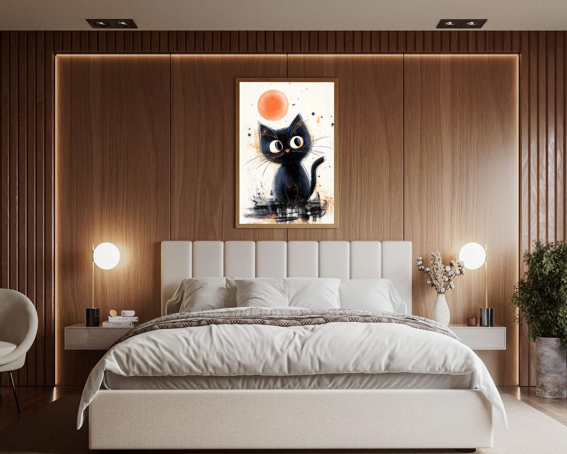 Black Cat Under Orange Moon Japanese Ink Style Minimal Wall Art - Image 5