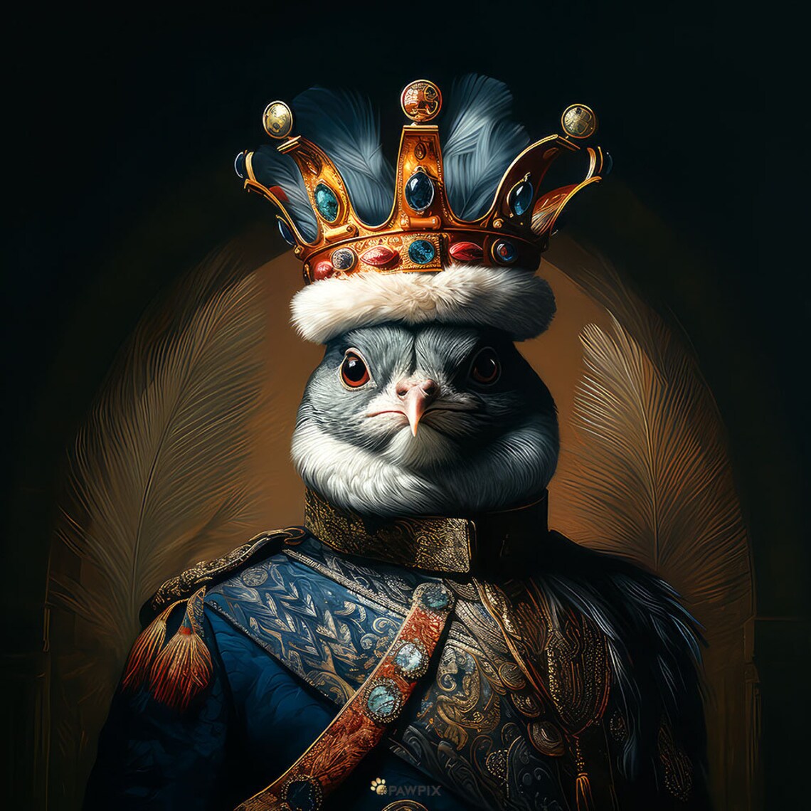 Royal Crowned Bird With Jeweled Crown Blue Royal Uniform Whimsical Art - Image 4