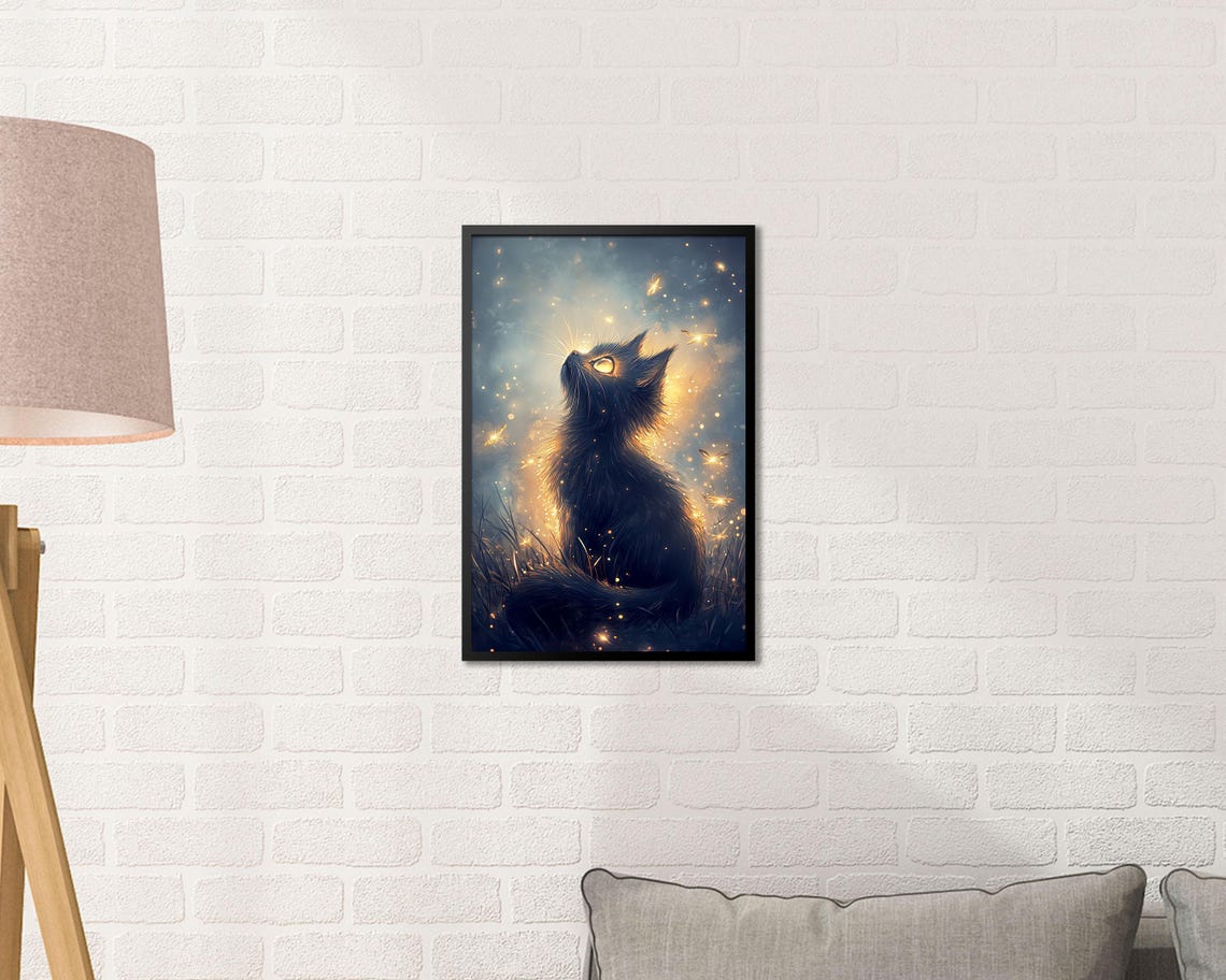 Black Cat Silhouette Fireflies Glowing Blue Night Sky Wall Art - Image 2