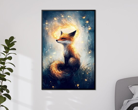 Mystical Glowing Fox With Fiery Aura Starry Night Fantasy Poster