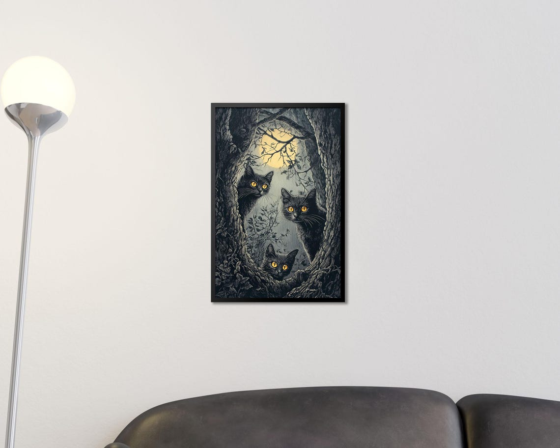 Three Black Cats With Glowing Eyes Moonlit Forest Art Poster - Image 2