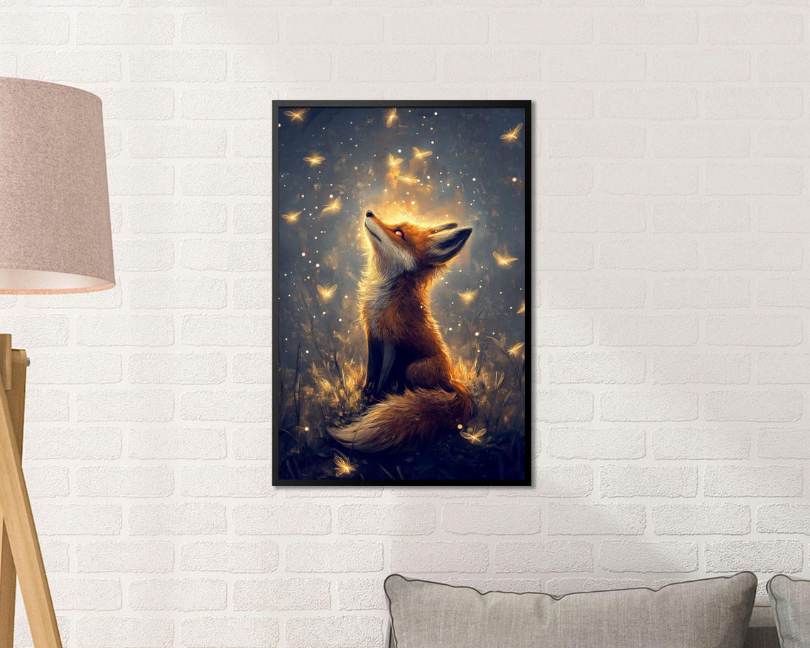 Red Fox Watching Glowing Fireflies Magical Night Forest Wall Art - Image 3