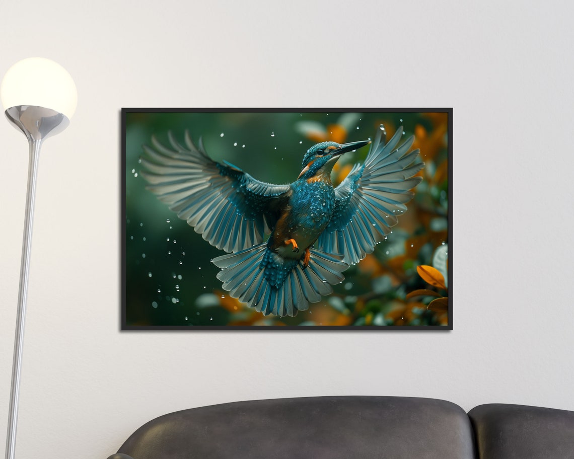 Kingfisher In Flight Water Droplets Vibrant Birdwatcher Nature Poster - Image 4