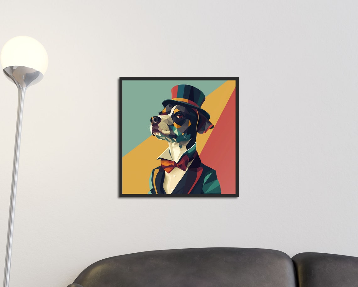 Dapper Dog In Top Hat Bow Tie Geometric Pop Art Animal Poster - Image 2