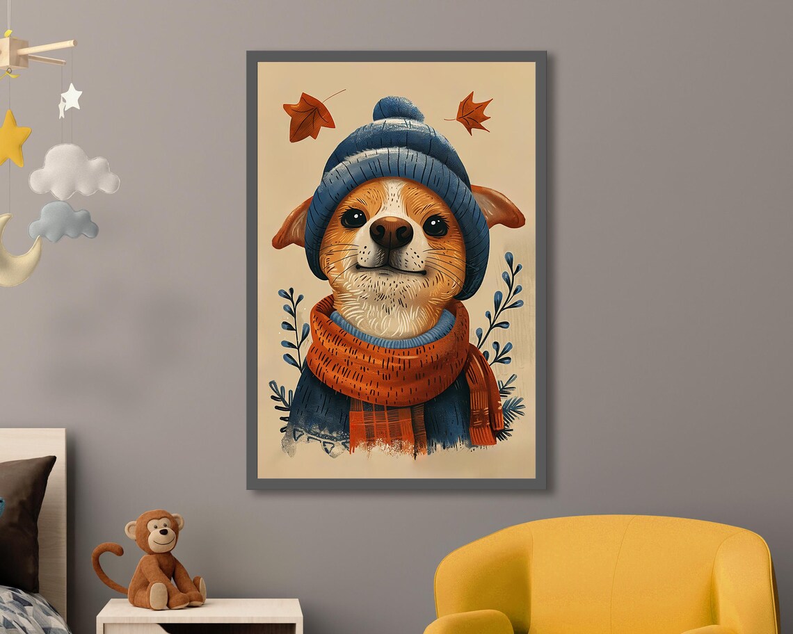 Cute Dog In Blue Knit Hat And Orange Scarf Autumn Wall Art Print