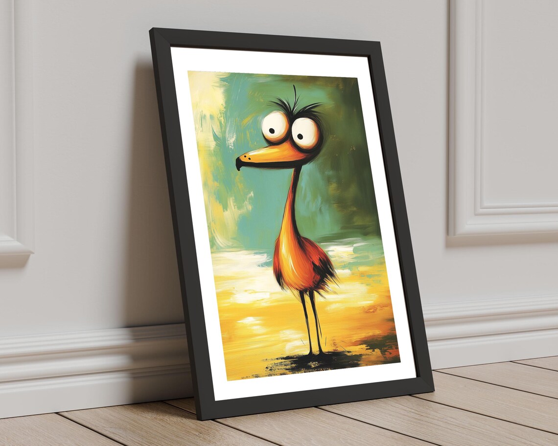 Quirky Funny Flamingo Bird Long Beak Whimsical Teal Painting Poster - Image 8