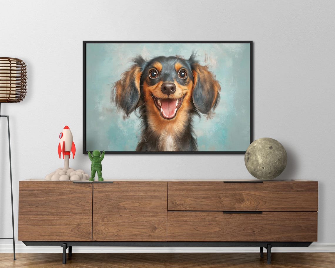 Funny Grinning Long Haired Dachshund Face Blue Pet Portrait Poster - Image 5
