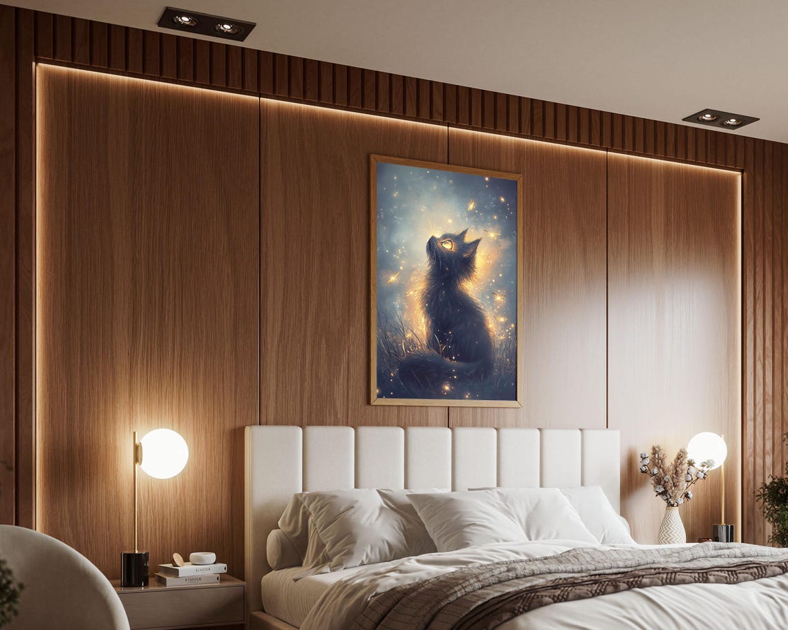 Black Cat Silhouette Fireflies Glowing Blue Night Sky Wall Art - Image 5