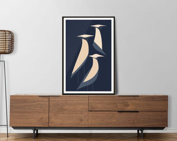 Minimalist Bird Art Print Geometric Lake Birds Poster Scandinavian Animal Wall Decor Modern Abstract Bird Illustration Birds At The Lake