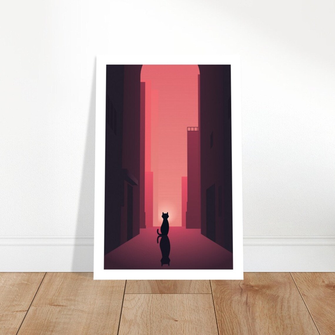 Twilight Whispers Urban Cat Alley Pink Sunset Minimalist Silhouette Poster - Image 4
