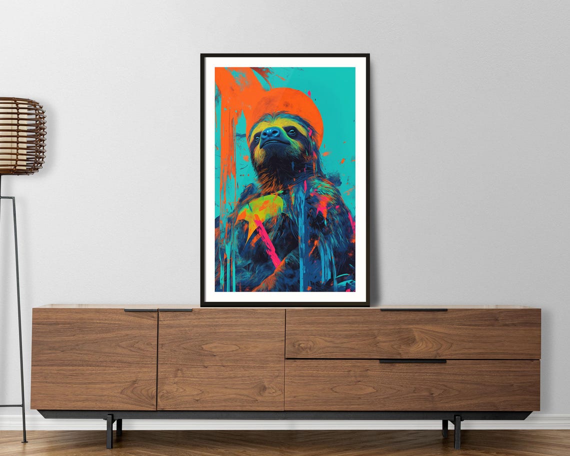 Colorful Neon Pop Art Sloth Graffiti Style Abstract Animal Poster