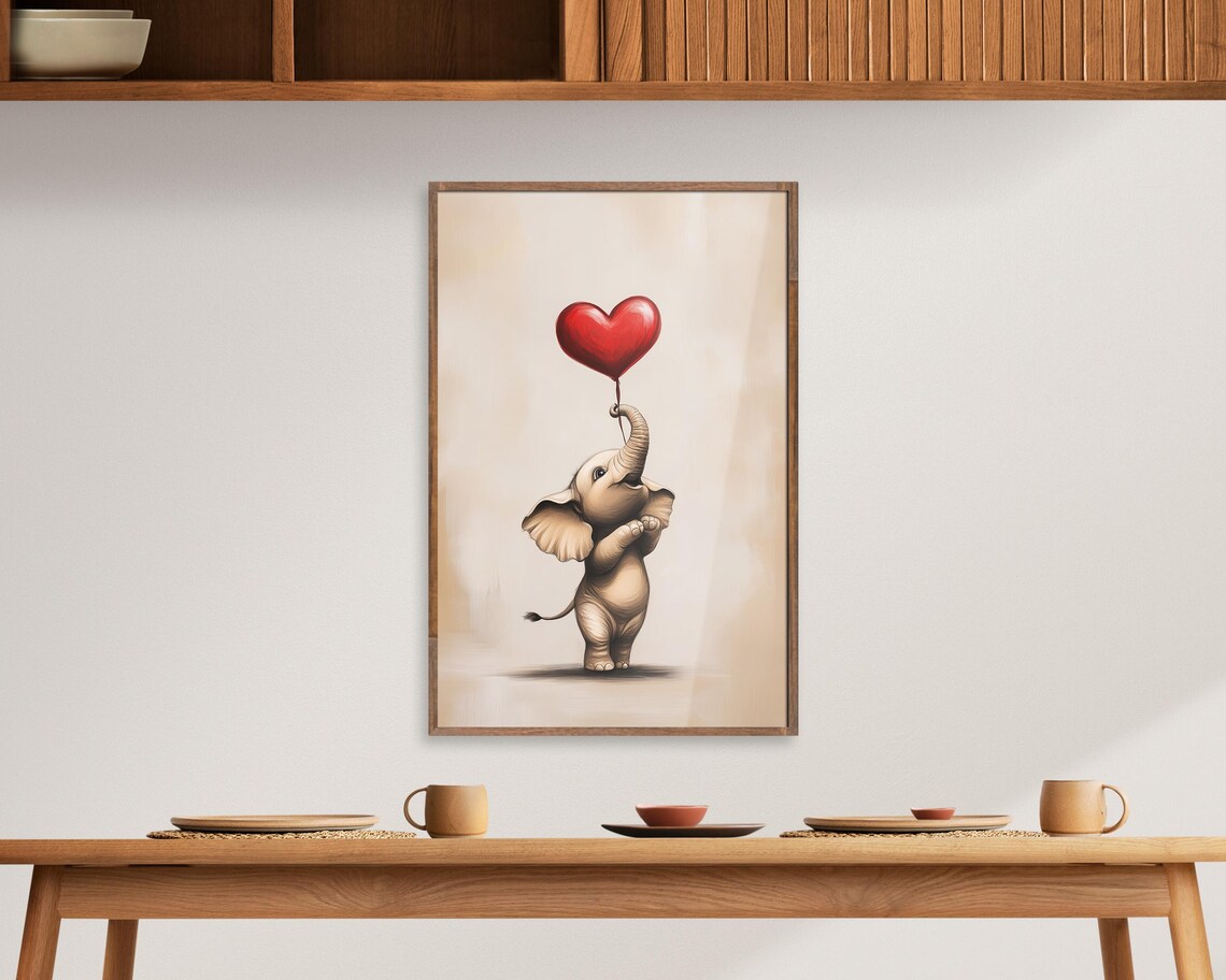Cute Baby Elephant Holding Red Heart Balloon Nursery Wall Art - Image 6