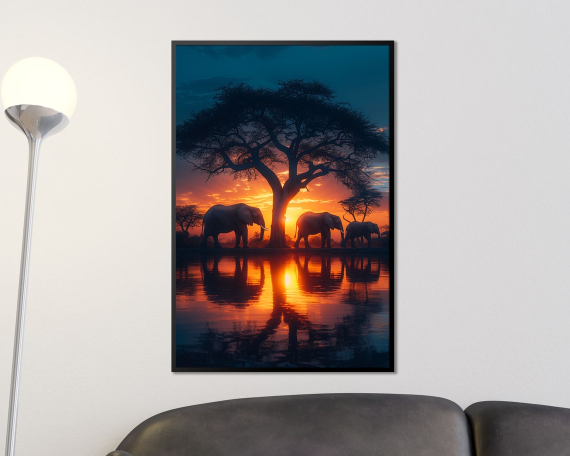 African Elephants Sunset Acacia Tree Reflection Safari Wall Art - Image 2