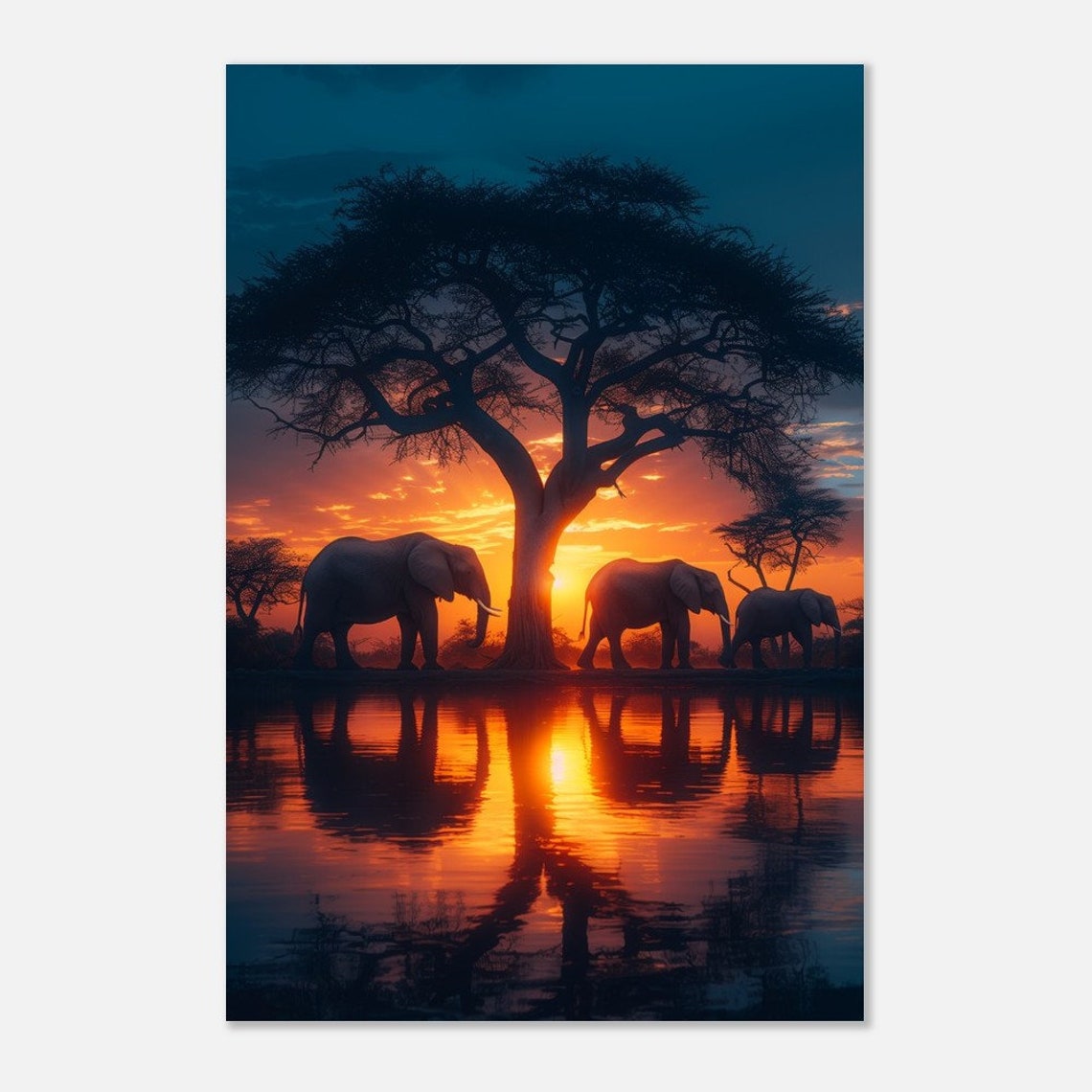 African Elephants Sunset Acacia Tree Reflection Safari Wall Art - Image 3
