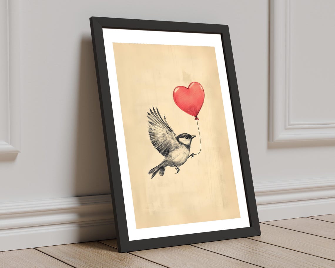 Flying Sketch Bird Carrying Red Heart Balloon Romantic Wall Art - Image 8