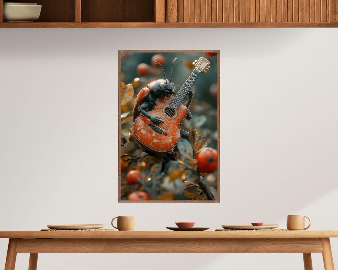 Ladybug Playing Acoustic Guitar On Berry Branch Nature Art Poster - Image 3
