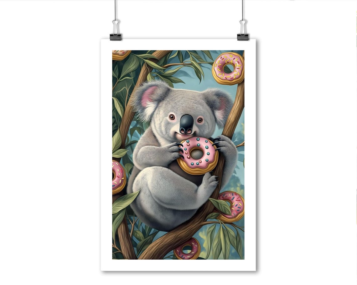 Cute Koala Eating Pink Donut In Tree Whimsical Sweet Art Poster - Image 5