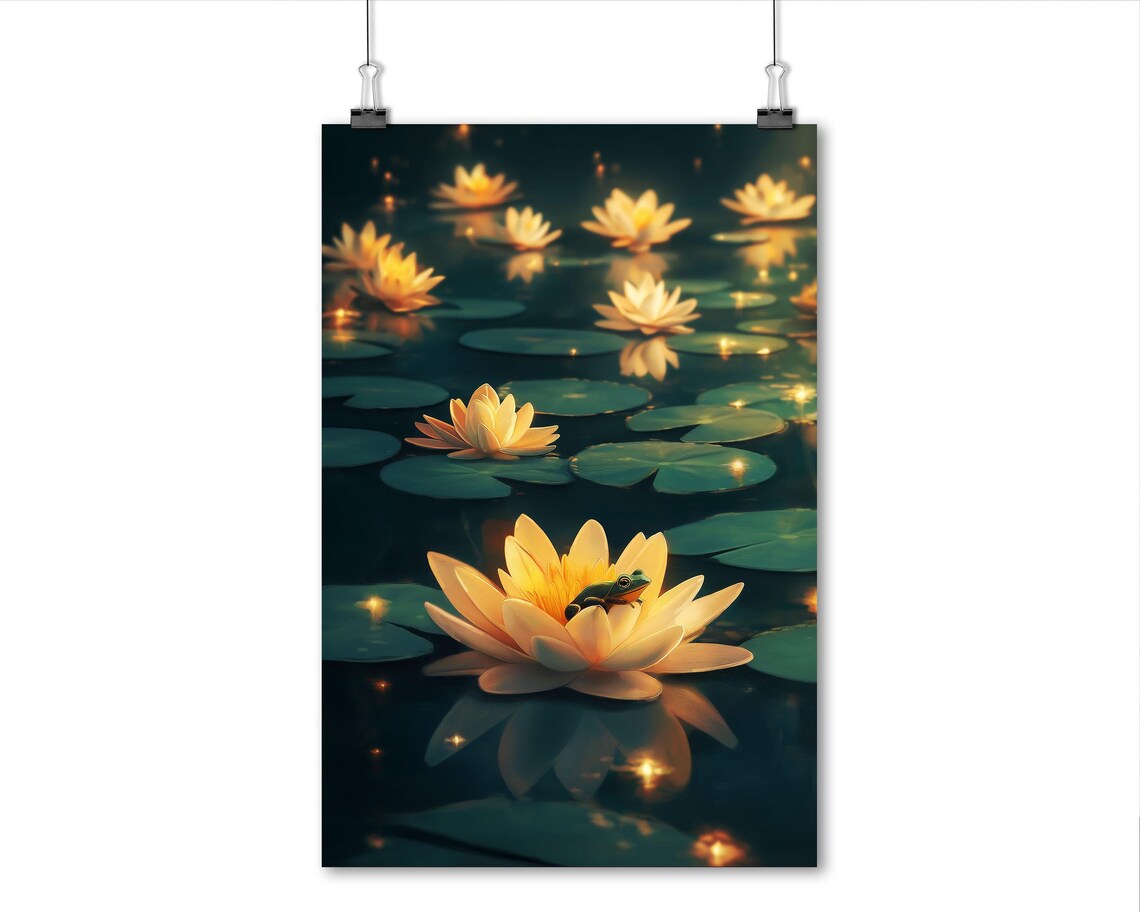 Green Frog On Glowing Water Lily Night Pond Magical Art Poster - Image 5