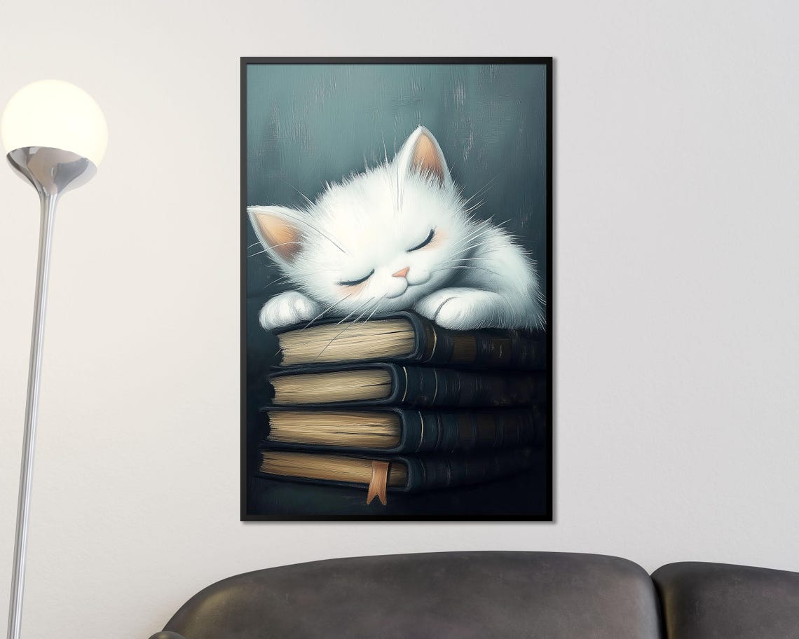 Sleeping White Kitten on Stack of Books Cozy Reading Wall Art - Image 4