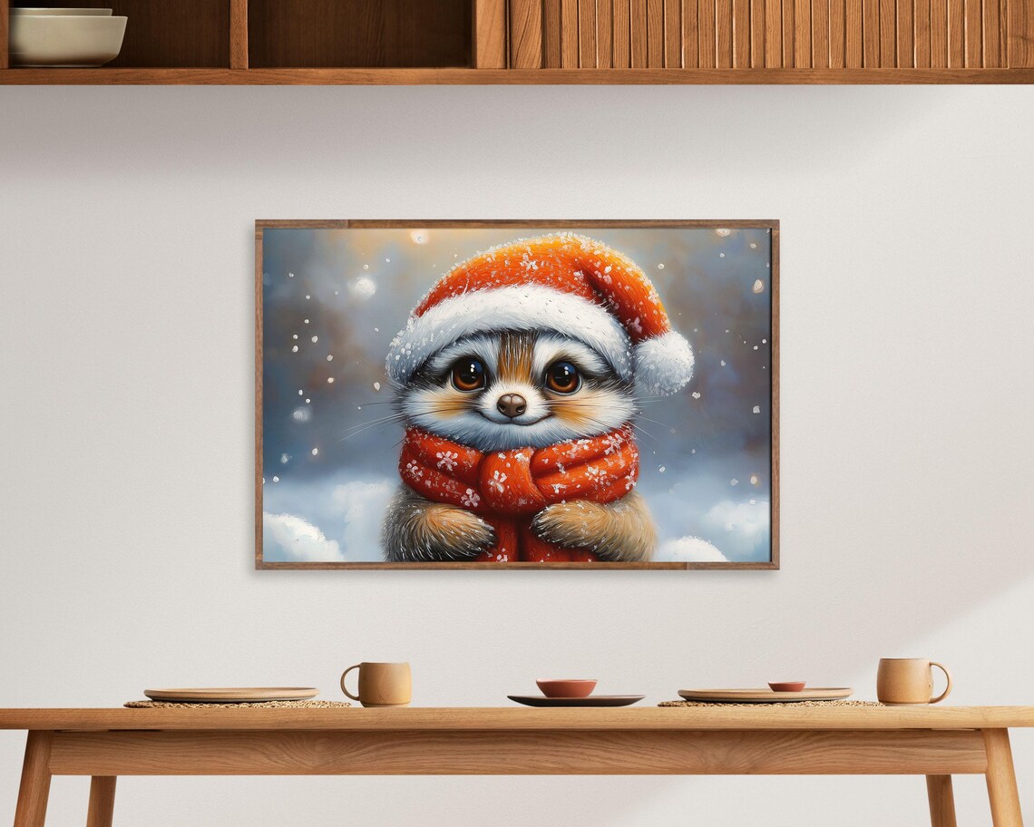 Raccoon In Santa Hat And Snowflake Scarf Winter Christmas Poster