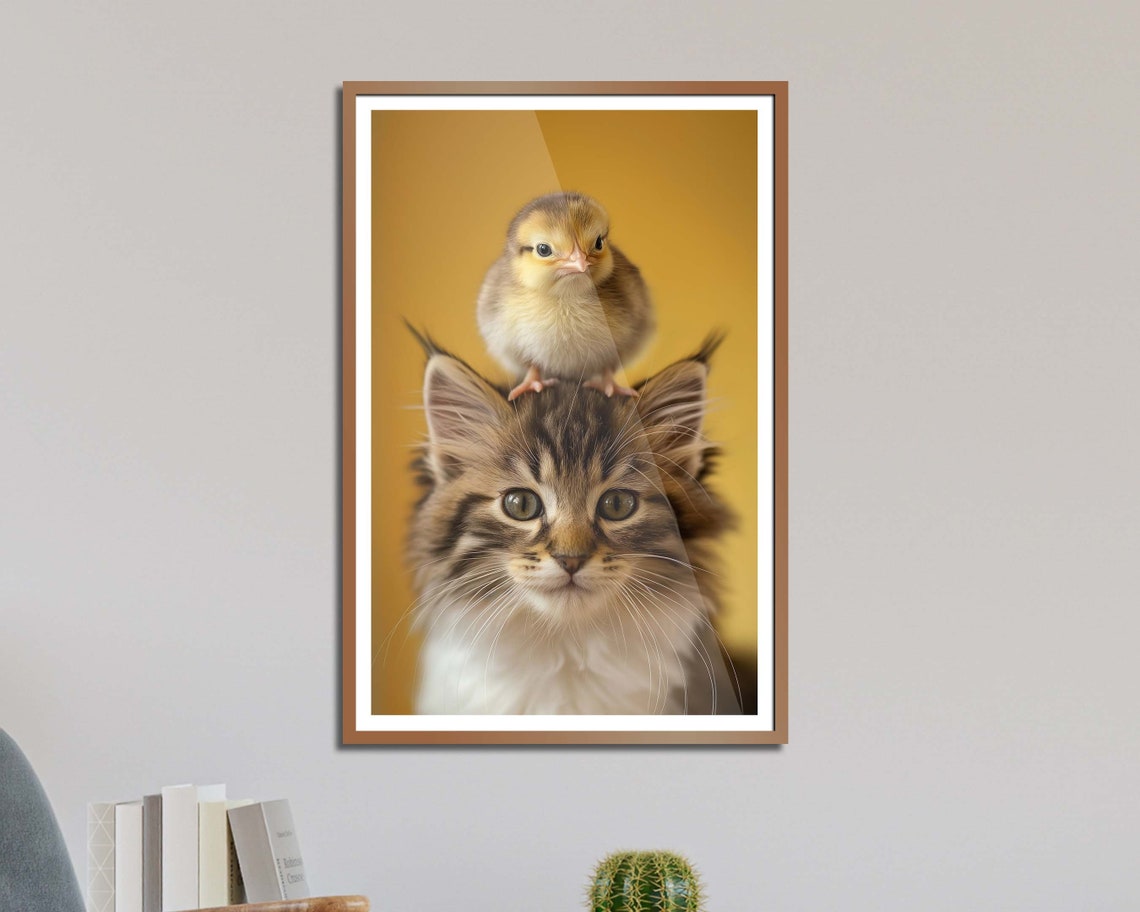 Adorable Kitten With Baby Chick On Head Cute Animal Wall Art Print - Image 3
