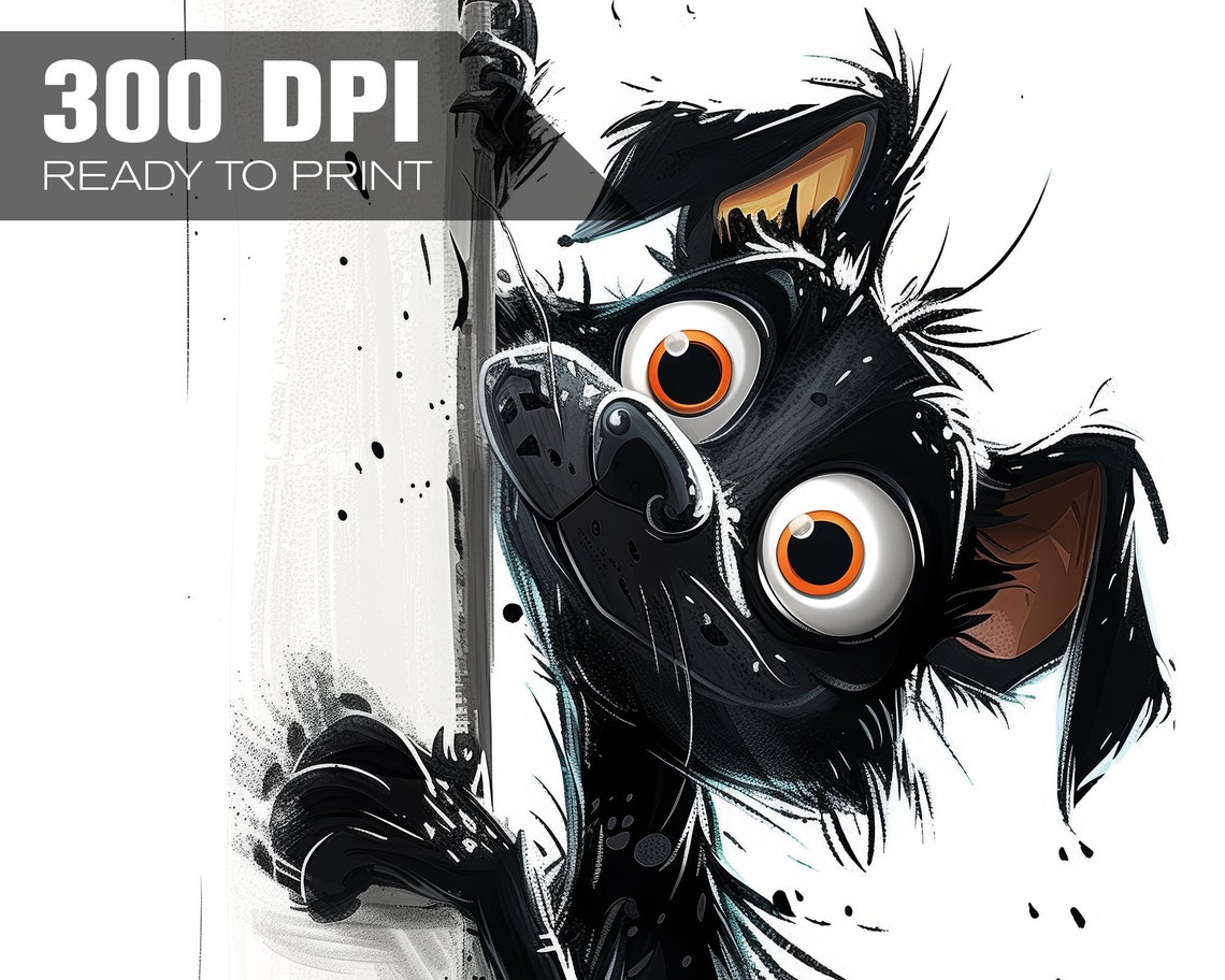 Funny Peeking Dog Cartoon Ink Splatter Wall Corner Black Pup Poster - Image 4