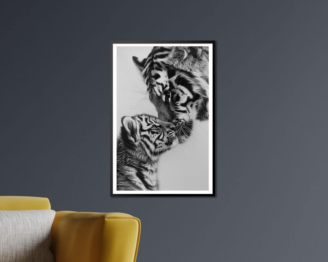 Tender Tiger Mother And Cub Embrace Black And White Wildlife Art Poster - Image 2