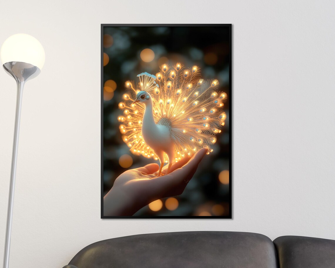 Glowing White Peacock in Hand Golden Feathers Magic Bird Art Poster - Image 2
