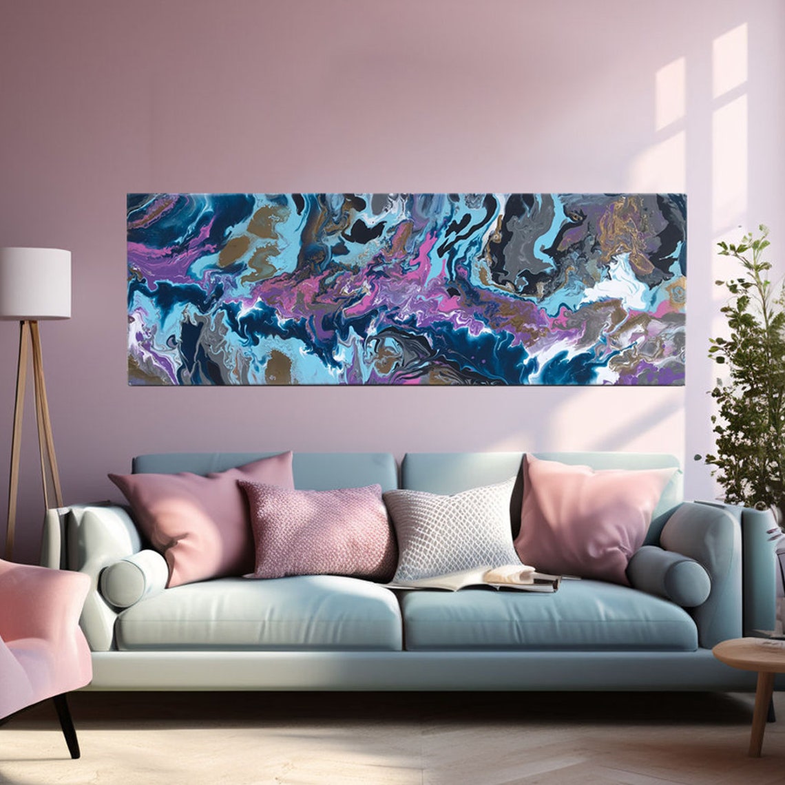 Blue Purple Pink Marble Swirl Abstract Panoramic Fluid Art Poster
