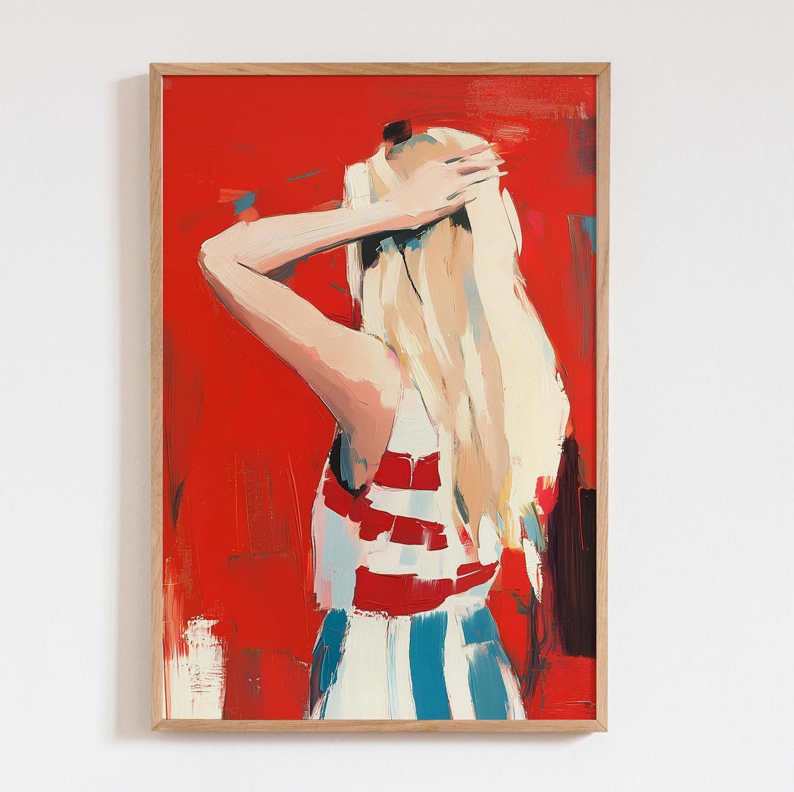 Blonde Woman Red Background Striped Top Abstract Artwork Poster