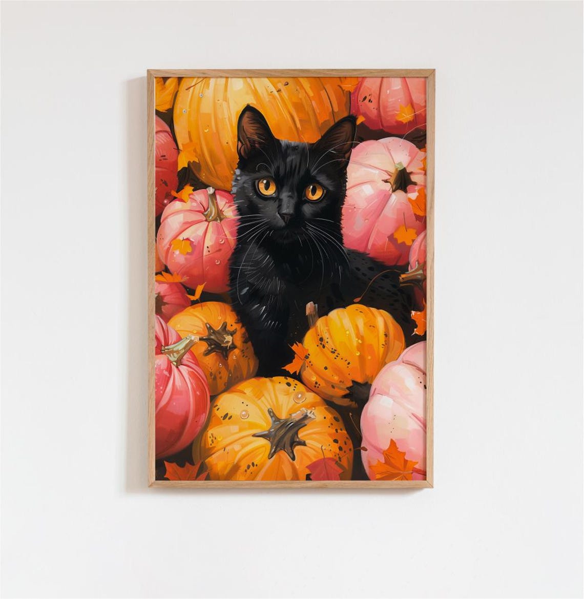 Black Cat Among Pink and Orange Pumpkins Vibrant Fall Poster