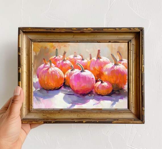Pink And Orange Pumpkins In Sunlight Fall Harvest Painting Poster