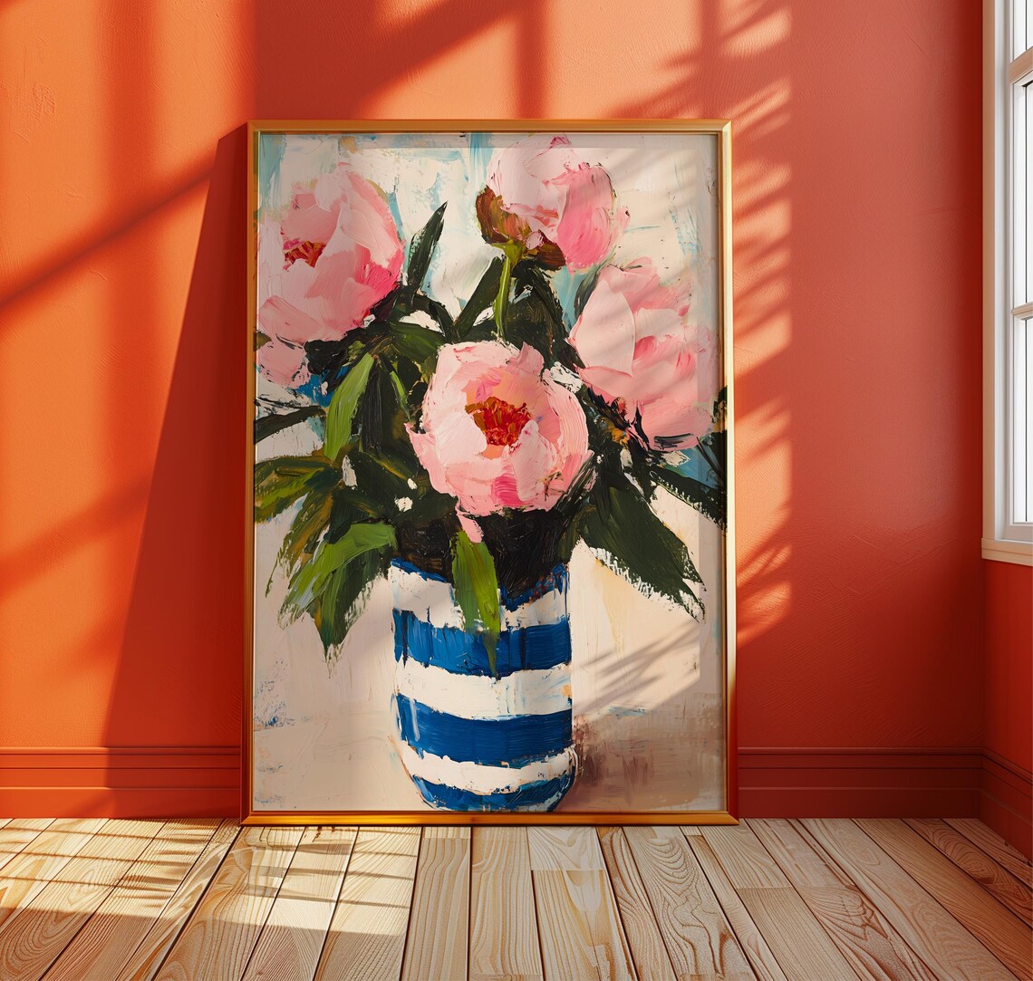 Pink Peonies In Blue Striped Vase Impressionist Oil Painting Poster