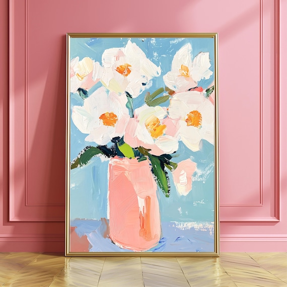 White Blossoms in Pink Vase Impasto Oil Painting Floral Still Life Poster