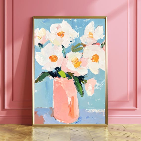 White Pink Flowers Oil Painting Matisse Style Floral Wall Art Impasto Vase Artwork Minimalist Modern Still Life Print