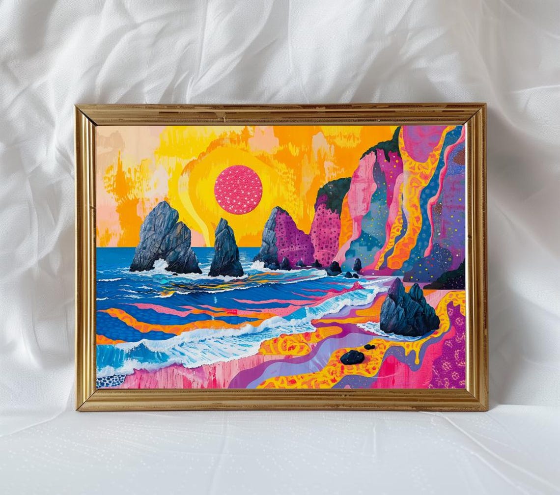 Maximalist Coastal Seascape With Pink Sun And Bold Waves Poster