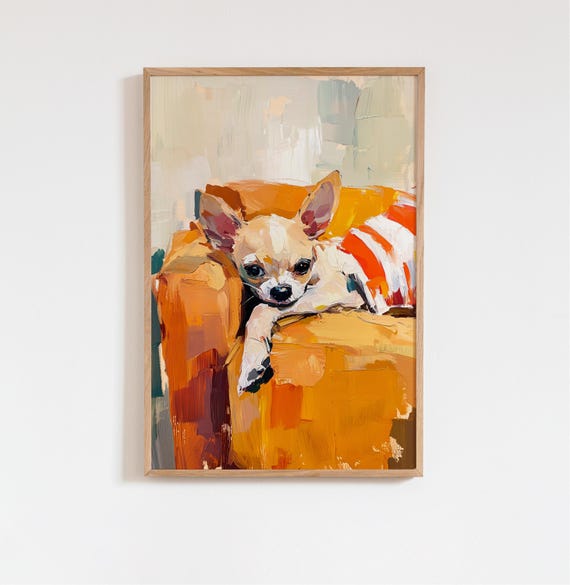 Chihuahua Dog Art Print Minimalist Impressionist Pet Painting Orange Couch Wall Modern Animal Decor Cute