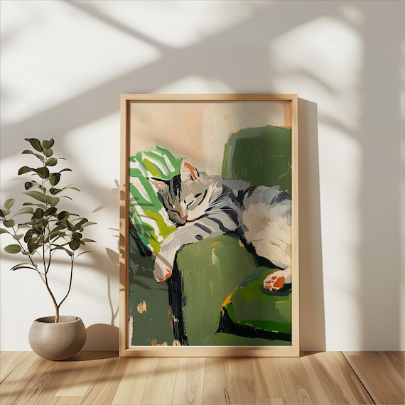 Gray White Cat Sleeping Oil-Style Art Print
