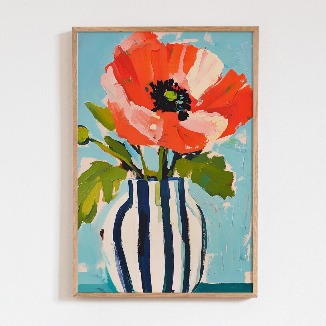 Red Orange Poppy in Striped Vase, Minimalist Art Print
