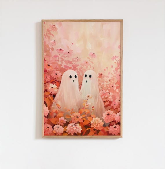 Two Cute Ghosts Halloween Art Print Poster Pink Floral Maximalist Fall Wall Vibrant Eclectic Autumn Decor Preppy