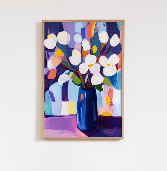 Abstract Floral Wall Art White Flowers In Blue Vase Print Modern Acrylic Painting Bold Colorful Minimalist Vintage Style