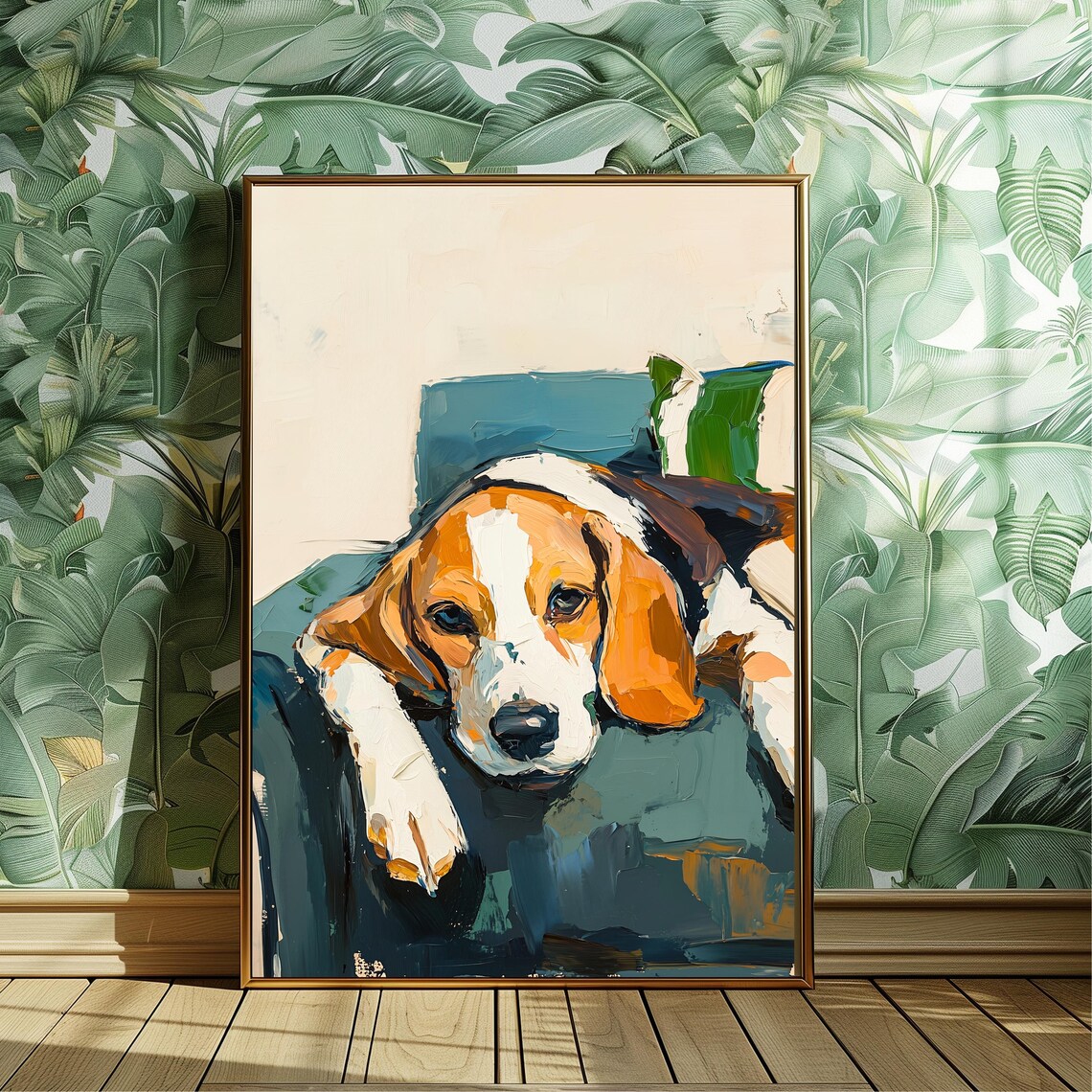 Beagle Dog Oil Painting Print, Modern Pet Portrait